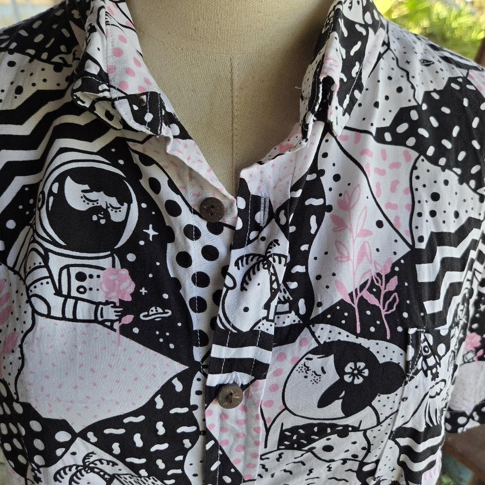 Tiiiga Campy Unisex Button Front Shirt With Outer Space And Tropical Scenery - Picture 3 of 17